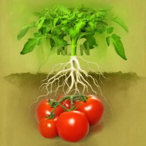 Vizualizaciya roli NPK: pyshnyj list (N), moshchnye korni (P), sochnye tomaty (K) na odnom rastenii