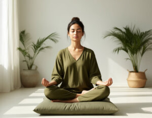 CHelovek meditiruet sidya na podushke v svetloj, minimalistichnoj komnate