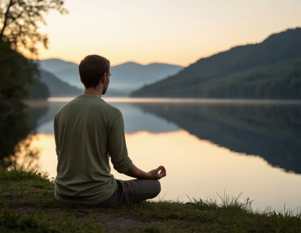 CHelovek meditiruet v spokojnoj obstanovke na rassvete
