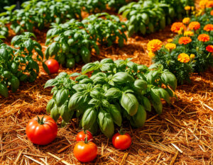Akkuratnaya pripodnyataya gryadka s mul'chej iz solomy, na kotoroj rastut tomaty, bazilik i nizkoroslye barhatcy