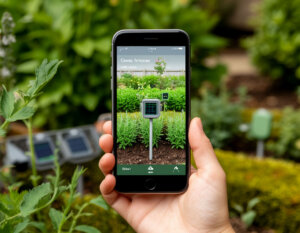 Smartfon s prilozheniem, pokazyvayushchim dannye s besprovodnyh datchikov vlazhnosti pochvy i meteostancii v sadu